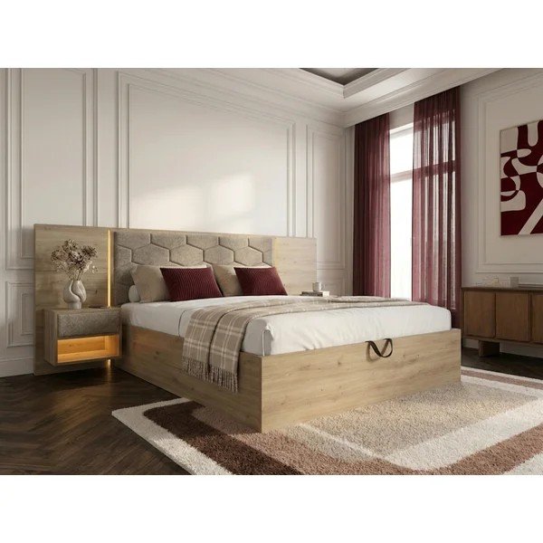 Szarobrązowe tapicerowane/z płyty wiórowej łóżko dwuosobowe ze schowkiem ze stelażem 180x200 cm Palmeraie – Bobochic Paris-image-2