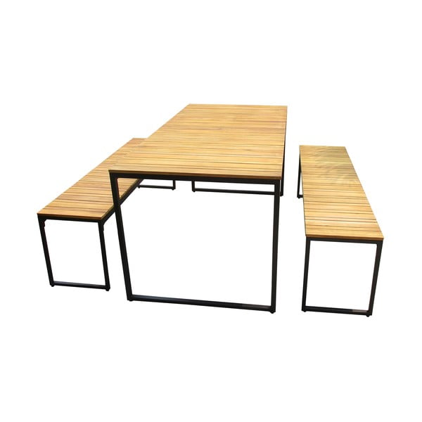 Zestaw stołu ogrodowego i 2 ławek z drewna akacji z metalową konstrukcją Ezeis Brick