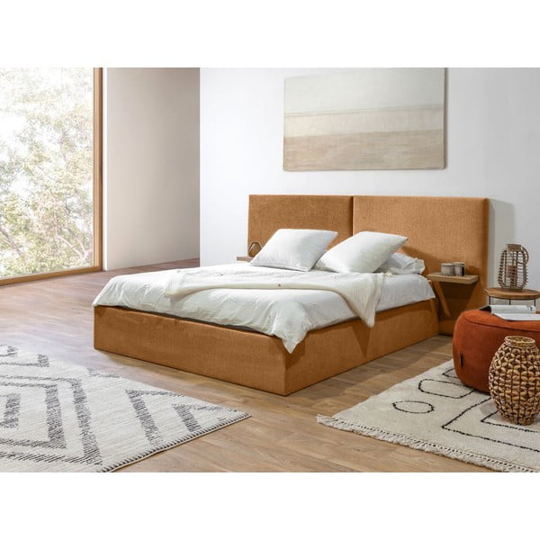Tapicerowane łóżko dwuosobowe ze schowkiem ze stelażem 160x200 cm w odcieniach ochry Blandine – Bobochic Paris-image-2