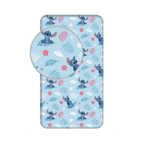 Niebieskie bawełniane prześcieradło dziecięce jednoosobowe z gumką 90x200 cm Lilo & Stitch "Blue" – Jerry Fabrics