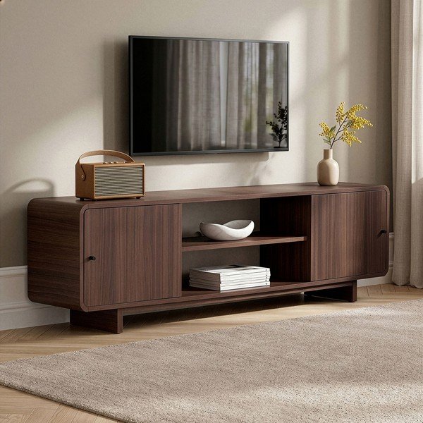 Szafka pod TV w dekorze orzecha w ciemnym naturalnym kolorze 180x52x34 cm Mirel – Nordure-image-3