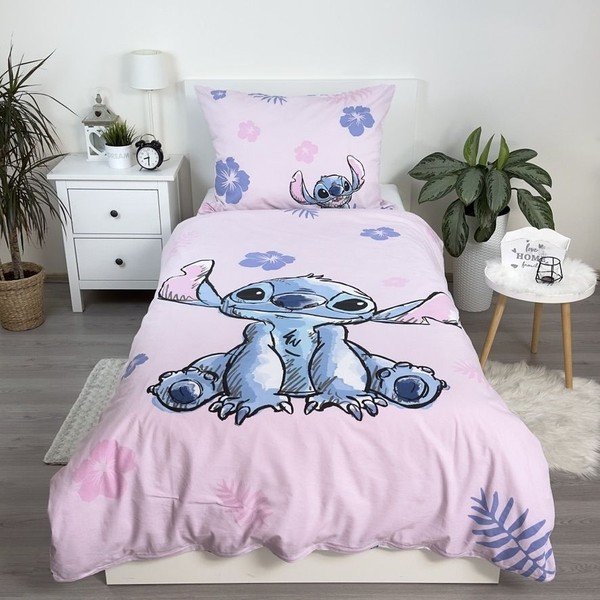 Jasnoróżowa bawełniana pościel dziecięca jednoosobowa 140x200 cm Lilo & Stitch "Pink" – Jerry Fabrics-image-1