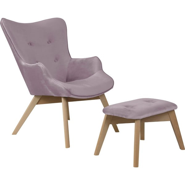 Lawendowy aksamitny fotel z podnóżkiem Niko – Ropez