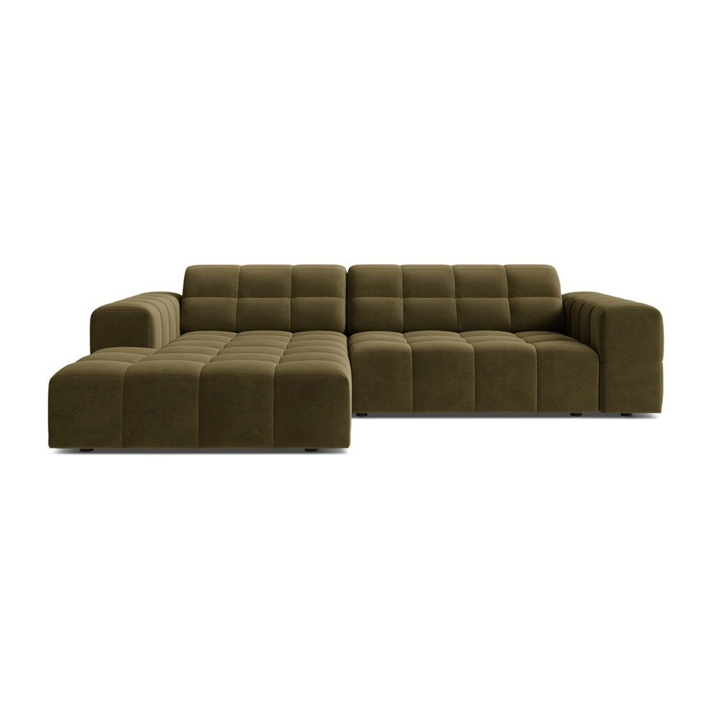 Aksamitny narożnik (lewostronny/z szezlongiem) w kolorze khaki Chicago – Cosmopolitan Design