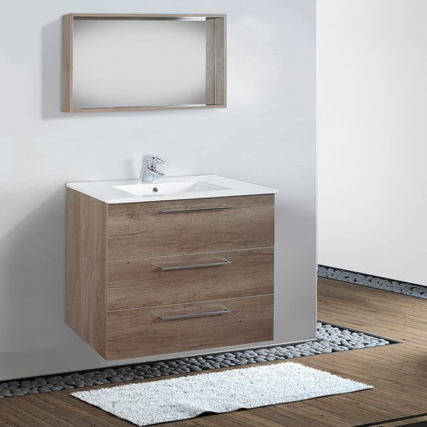 Szafka do łazienki z umywalką i lustrem Darwin, motyw dębu, 80 cm