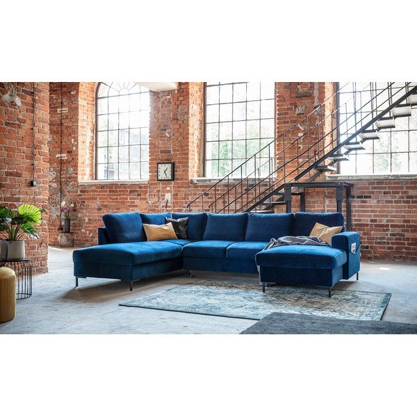 Granatowa aksamitna rozkładana sofa w kształcie litery "U" Miuform Lofty Lilly, lewostronna-image-4