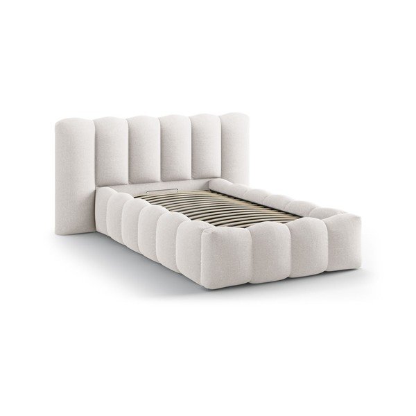 Kremowe tapicerowane łóżko jednoosobowe ze schowkiem i stelażem 90x200 cm Lupine – Micadoni -image-2