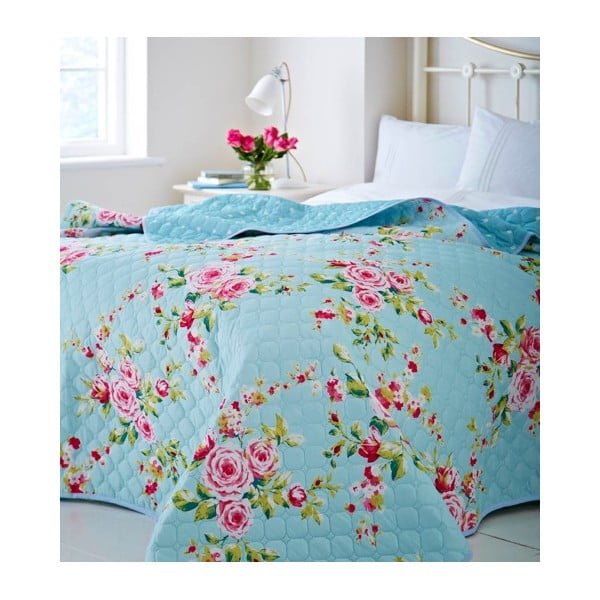 Jasnoniebieska narzuta na łóżko z motywem róż Catherine Lansfield Canterbury, 240x260 cm