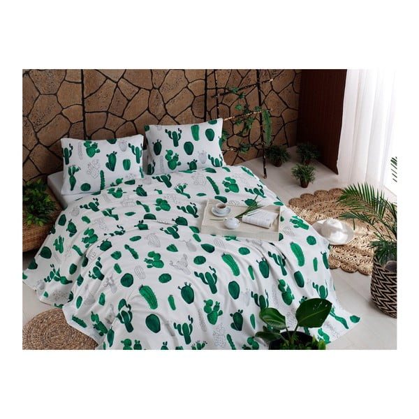 Zestaw bawełnianej narzuty, prześcieradła i 2 poszewek na poduszkę Kaktus Green, 200x235 cm