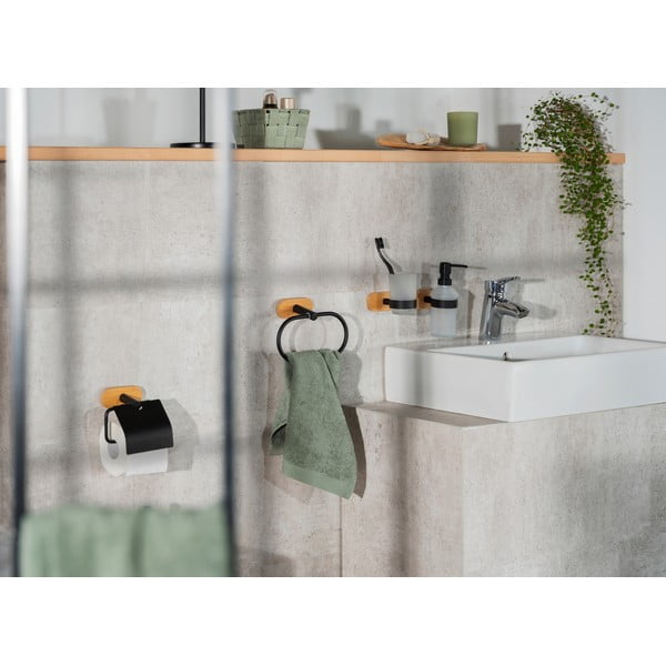 Czarno-naturalny samoprzylepny szklany kubek na szczoteczki do zębów Orea Bamboo – Wenko-image-2