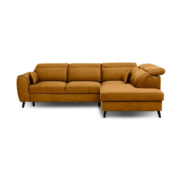 Żółty aksamitny rozkładany/ze schowkiem narożnik (prawostronny/w kształcie litery L) Noble – ELTAP