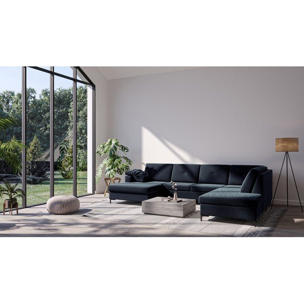 Ciemnoniebieska aksamitna rozkładana sofa w kształcie U Ghado Moor, prawostronna-image-1