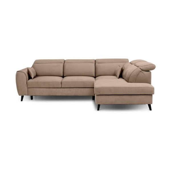 Jasnobrązowy aksamitny rozkładany/ze schowkiem narożnik (prawostronny/w kształcie litery L) Noble – ELTAP