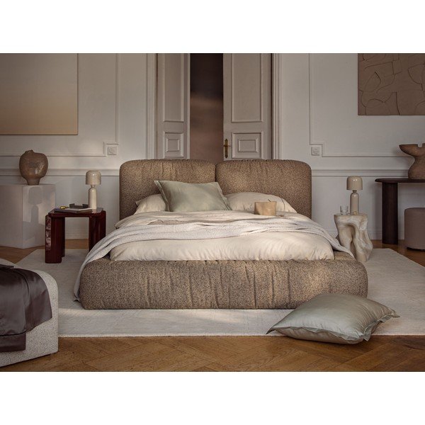 Beżowe tapicerowane łóżko dwuosobowe ze schowkiem i stelażem 200x200 cm Martina – Micadoni -image-1