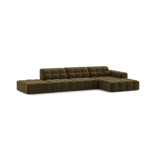 Aksamitny narożnik (prawostronny/z szezlongiem) w kolorze khaki Chicago – Cosmopolitan Design-image-1