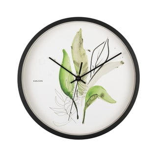 Zielono-biały zegar w czarnej ramie Karlsson Leaves, ø 26 cm