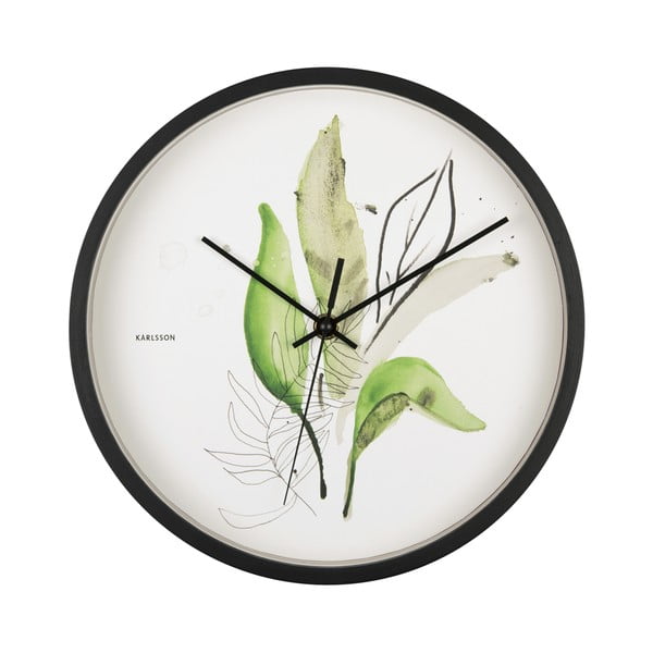 Zielono-biały zegar w czarnej ramie Karlsson Leaves, ø 26 cm