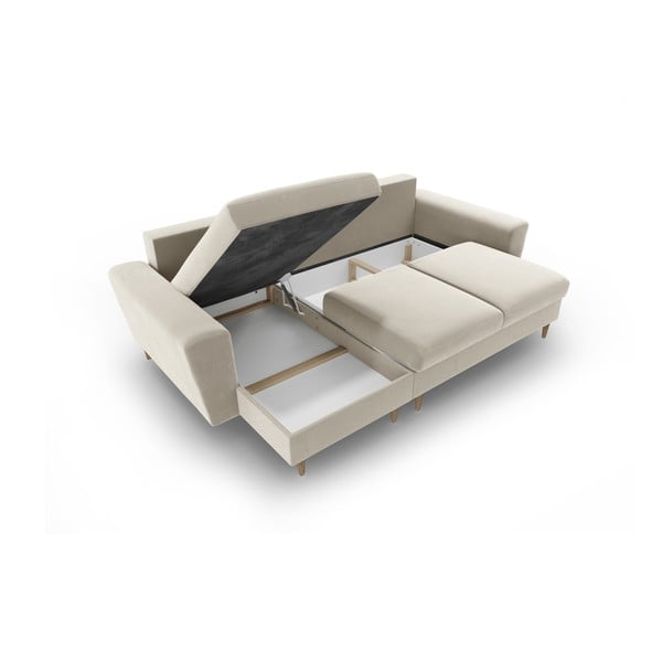 Beżowy aksamitny rozkładany narożnik ze schowkiem Kyoto – Cosmopolitan Design-image-3