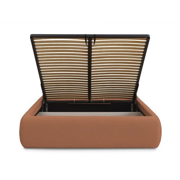 Pomarańczowe tapicerowane łóżko dwuosobowe bez zagłówka ze schowkiem i stelażem 180x200 cm Inera – Bobochic Paris-image-4