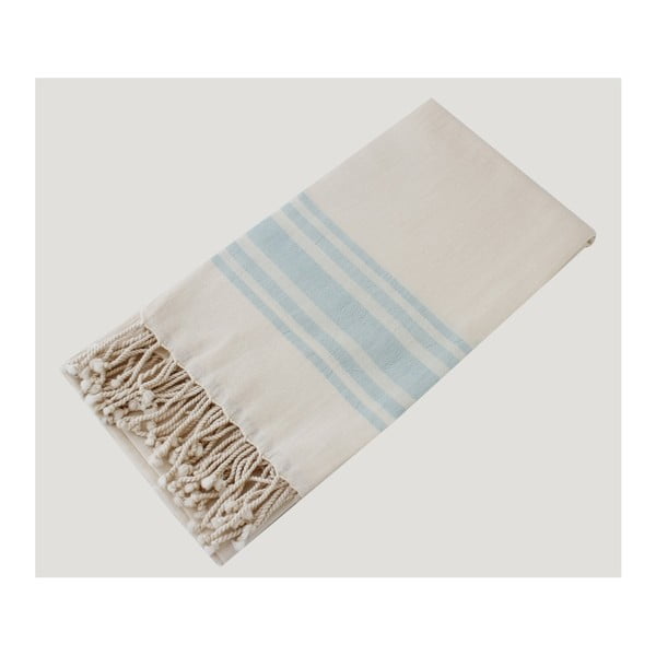 Jasny ręcznik kąpielowy z turkusowym pasem Hammam Bamboo Style, 90x180 cm