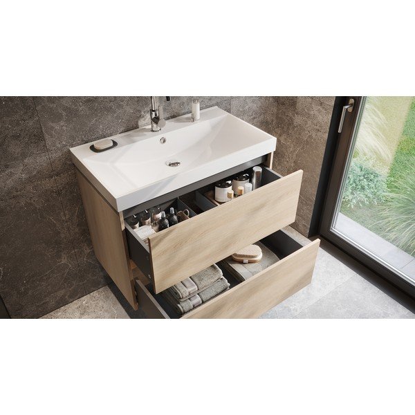 Wisząca szafka pod umywalkę w dekorze dębu w naturalnym kolorze 81x65 cm Bodera – Germania-image-1
