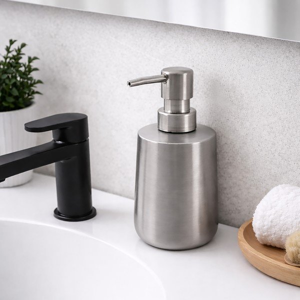 Dozownik do mydła ze stali nierdzewnej w kolorze matowego srebra 450 ml – Orion-image-1