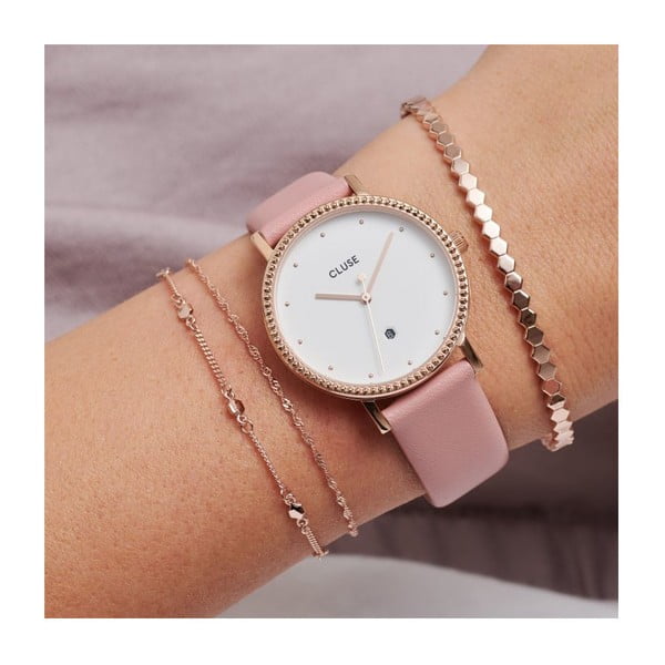 Damski zegarek z różowym skórzanym paskiem Cluse Le Couronnement-image-4