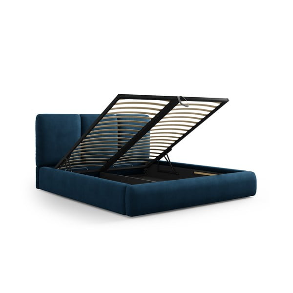 Ciemnoniebieskie tapicerowane łóżko dwuosobowe ze schowkiem i stelażem 140x200 cm Brody – Mazzini Beds-image-2