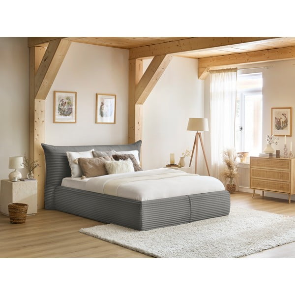 Szare tapicerowane łóżko dwuosobowe ze schowkiem i stelażem 160x200 cm Jade – Bobochic Paris-image-1