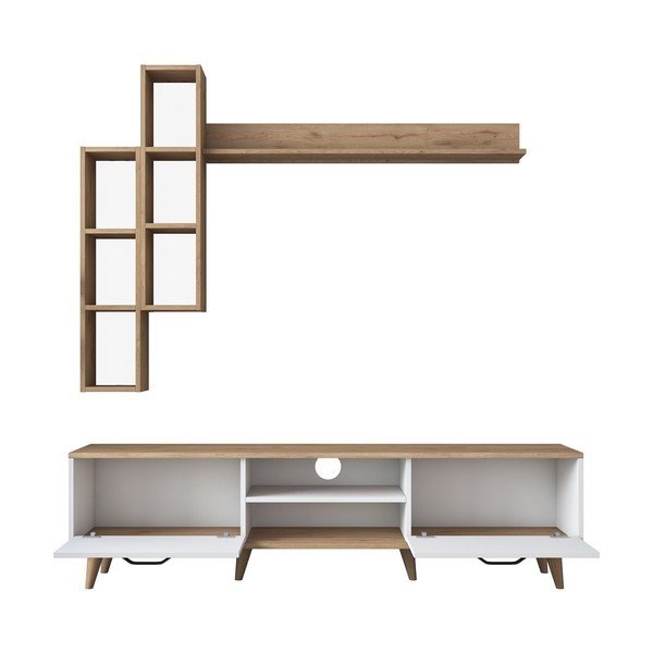Biały zestaw pod TV w dekorze orzecha 180x48 cm Veronica – Kalune Design-image-2