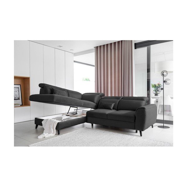 Ciemnoszary aksamitny rozkładany/ze schowkiem narożnik (lewostronny/w kształcie litery L) Noble – ELTAP-image-3