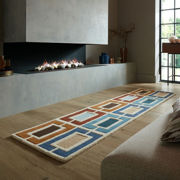 Niebiesko-pomarańczowy wełniany chodnik tkany ręcznie 60x230 cm Retro Blocks – Flair Rugs-image-1