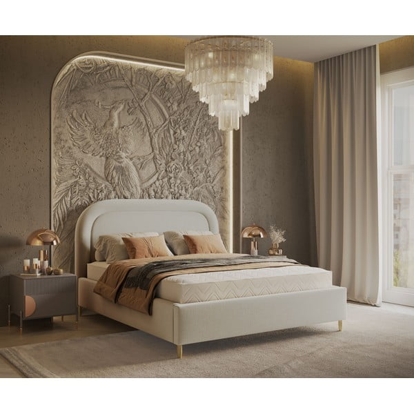 Kremowe tapicerowane łóżko dwuosobowe ze schowkiem i stelażem 160x200 cm Mija – Maison de Rêve-image-1