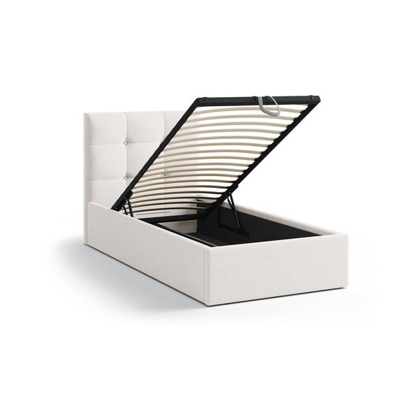 Kremowe tapicerowane łóżko jednoosobowe ze schowkiem i stelażem 90x200 cm Phaedra – Micadoni -image-1