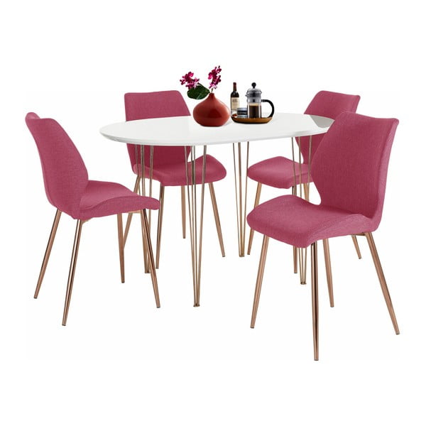 Komplet białego stołu do jadalni i 4 czerwonych krzeseł do jadalni Støraa Emil and Annie