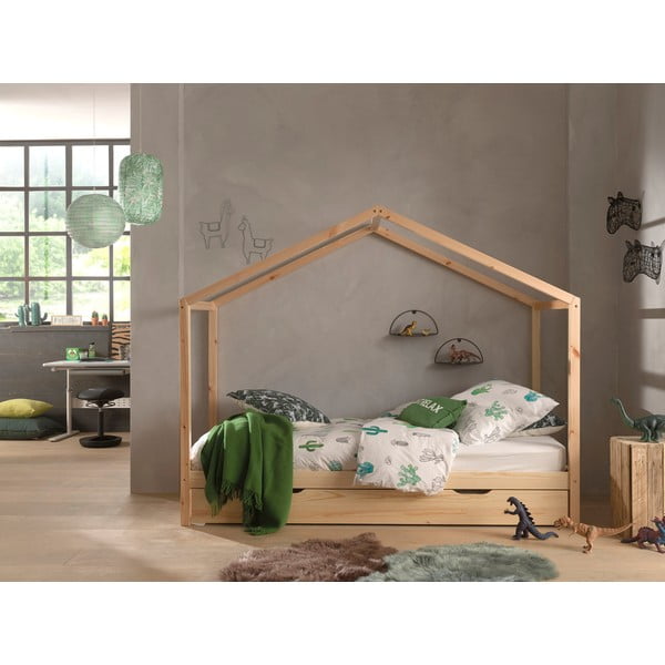 Łóżko dziecięce z litego drewna sosnowego w kształcie domku z wysuwanym łóżkiem ze schowkiem 90x200 cm DALLAS – Vipack-image-1