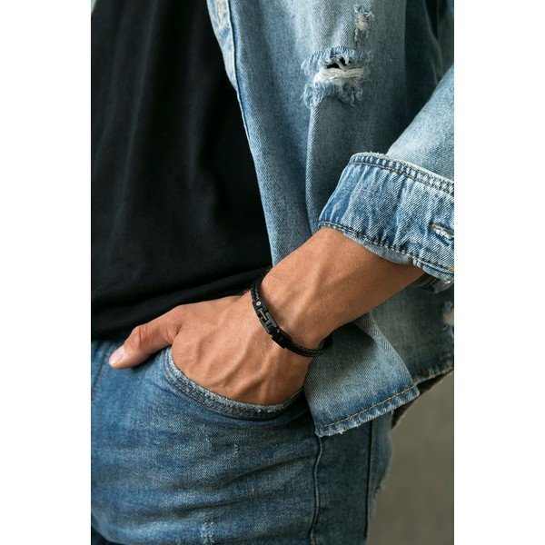 Męska czarna bransoletka z prawdziwej skóry Monomen Double Braid-image-1