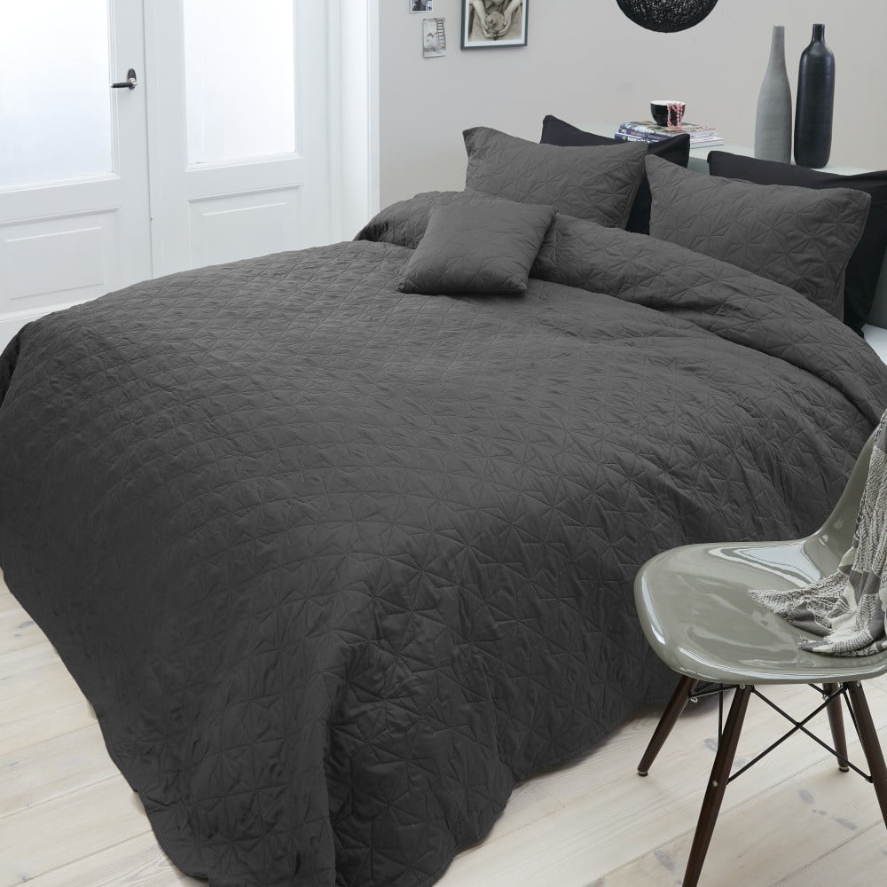 Czarna narzuta dwuosobowa z 2 poszewkami na poduszki Sleeptime Grace, 260x250 cm