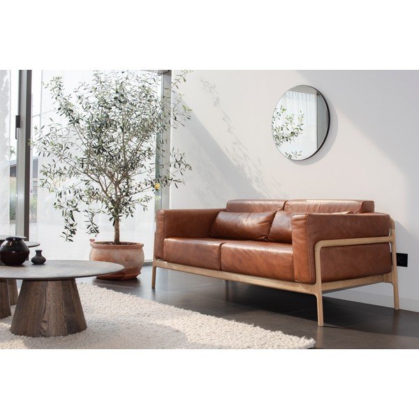 Karmelowa sofa z bawolej skóry z konstrukcją z litego drewna dębowego Gazzda Fawn, 210 cm-image-3