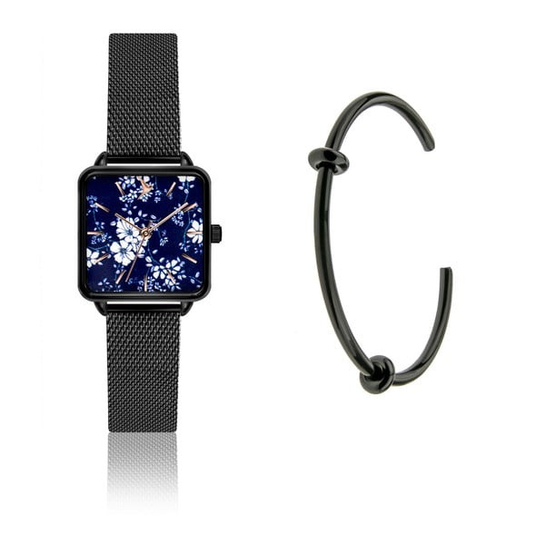 Zestaw damskiego zegarka z nierdzewnym paskiem w czarnym kolorze i czarnej bransoletki Emily Westwood Garro