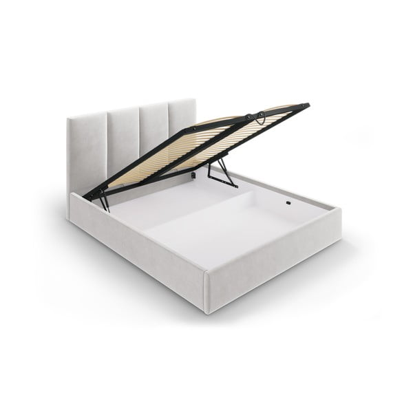 Jasnoszare tapicerowane łóżko dwuosobowe ze schowkiem ze stelażem 160x200 cm Juniper – Mazzini Beds-image-3