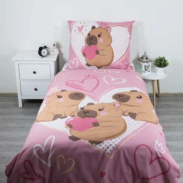 Różowa bawełniana pościel dziecięca jednoosobowa 140x200 cm Kapybara Heart – Jerry Fabrics-image-1