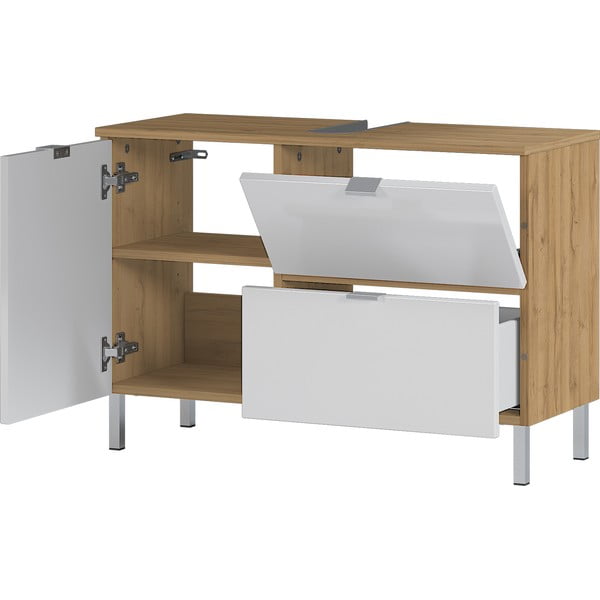 Biała szafka pod umywalkę z dekorem dębu Germania Mauresa, szer. 80 cm-image-3