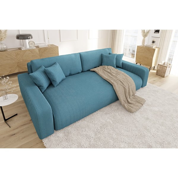 Turkusowa sztruksowa rozkładana sofa ze schowkiem 234 cm Sara – Ropez-image-3