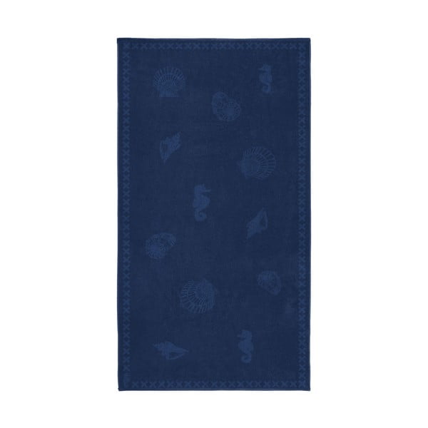 Ciemnoniebieski ręcznik bawełniany Seahorse Shells, 200 x 100 cm
