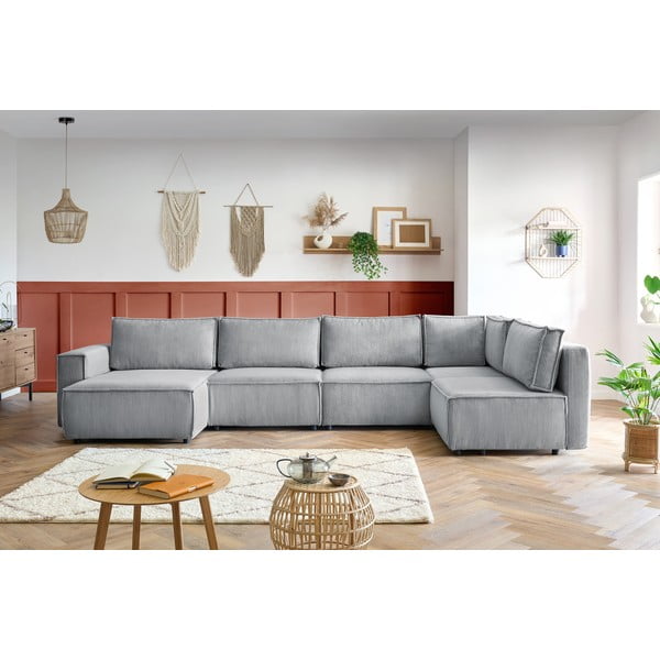 Jasnoszary sztruksowy narożnik (prawostronny/w kształcie litery U) Nihad modular – Bobochic Paris-image-1