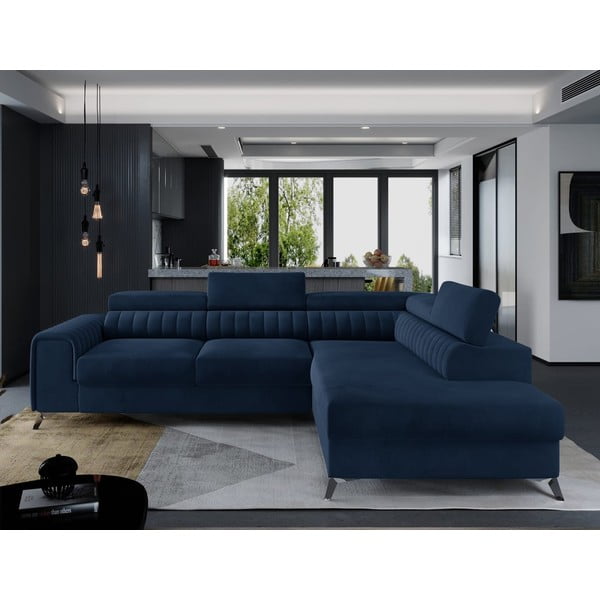 Niebieski aksamitny rozkładany/ze schowkiem narożnik (prawostronny/w kształcie litery L) Laurence – ELTAP-image-1