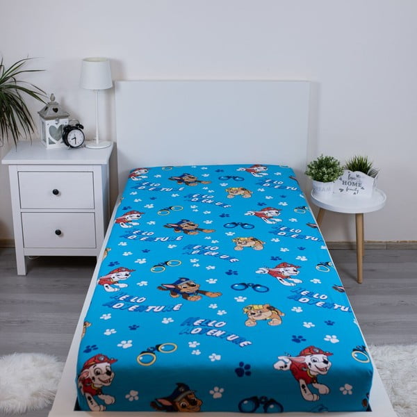 Niebieskie bawełniane prześcieradło dziecięce jednoosobowe z gumką 90x200 cm Paw Patrol – Jerry Fabrics-image-1