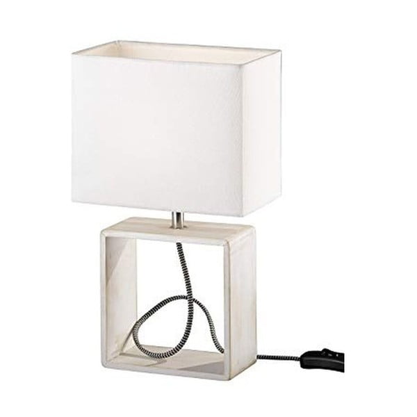 Biała lampa stołowa z naturalnego drewna i tkaniny Trio Tick, wys. 34 cm