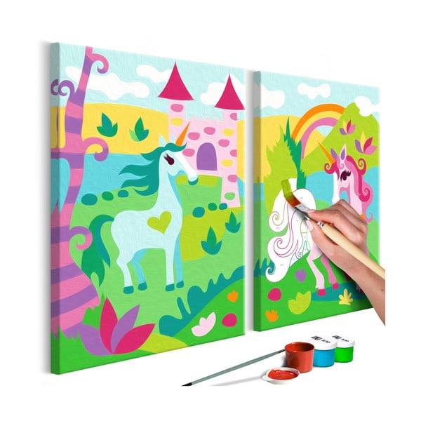 Zestaw płótna (2 szt.), farb i pędzli DIY Artgeist Fairytale Unicorns, 33x23 cm